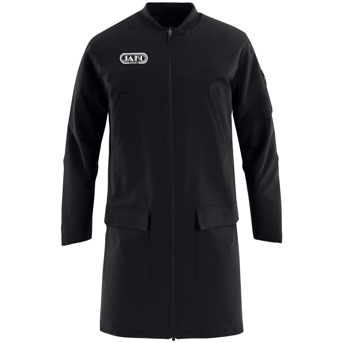 jacke, midilänge, schwarz, reissverschluss, taschen