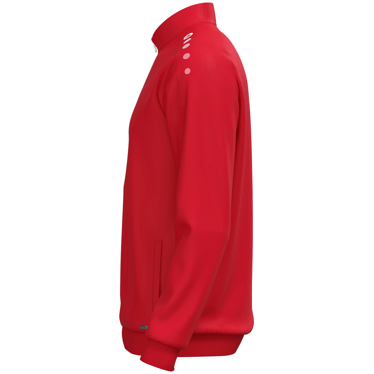 rot jacke, schmale passform, hohe kragen, lange rang, taschen